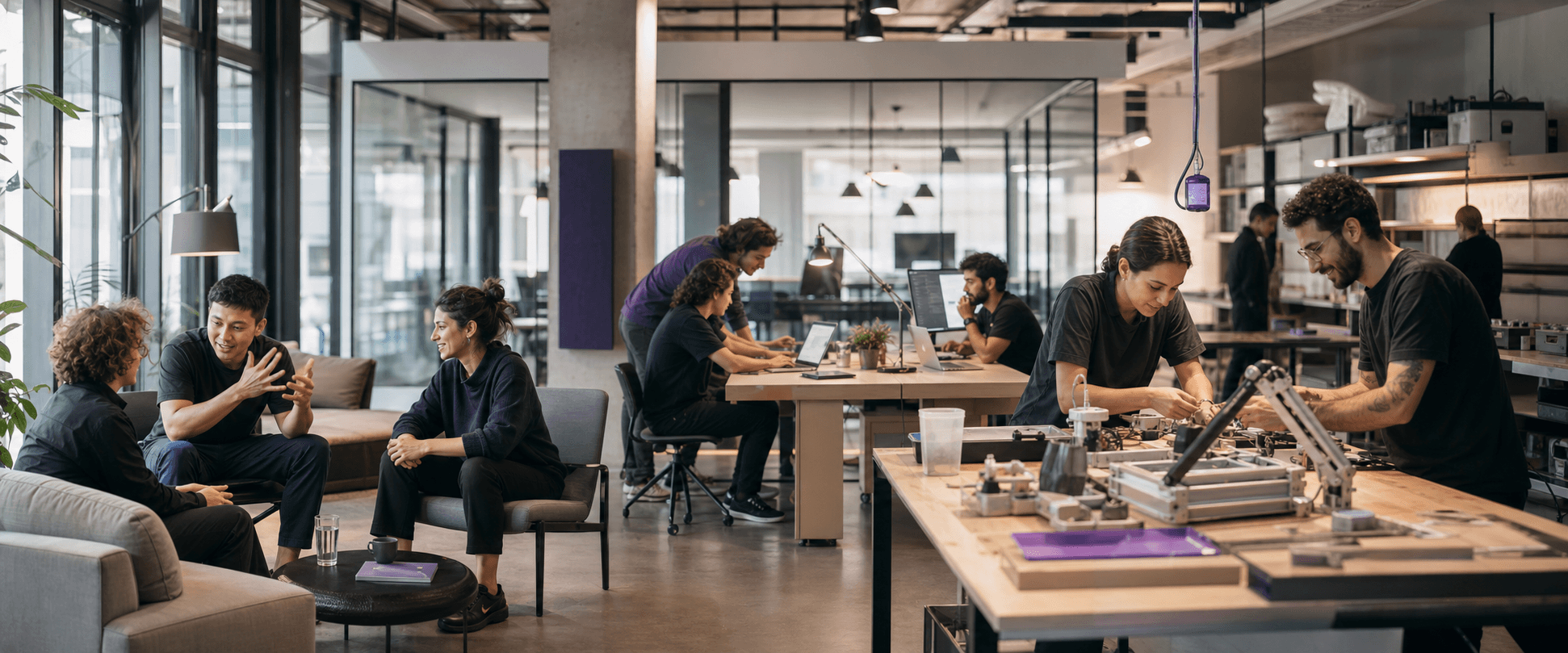 Different moments of a modern technology team collaborating in a shared studio